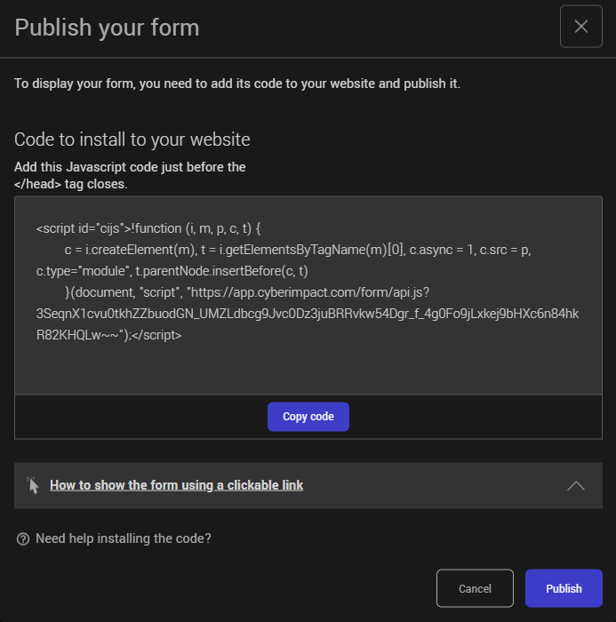 Popup de confirmation pour activer la publication de votre formulaire